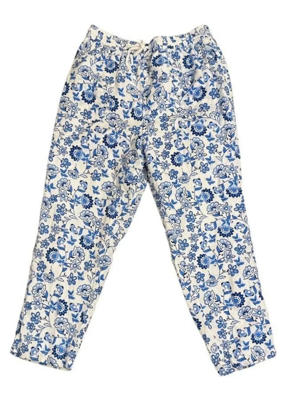Kim Rogers Blue White Linen Blend Floral Lined Drawstring Pajama Pants Medium